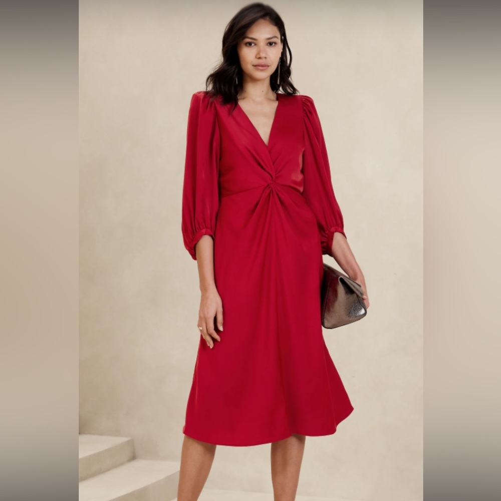 Banana Republic Red A-Line Midi Dress with Tie Front
